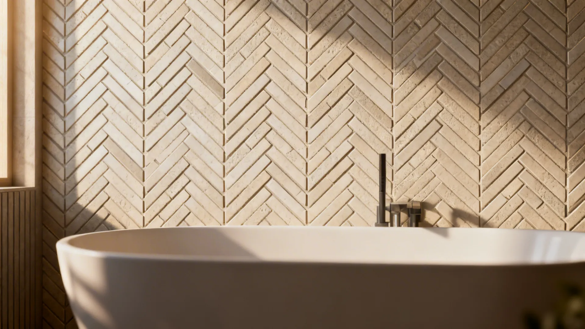 Herringbone tile accent wall behind a bathtub with textured neutral tiles