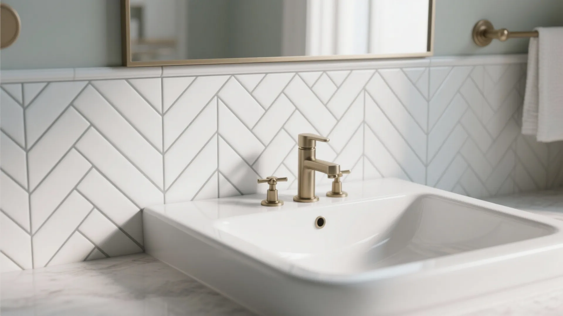 Bathroom interior showing white patterned tiles on the wall with gold faucet and marble counter
