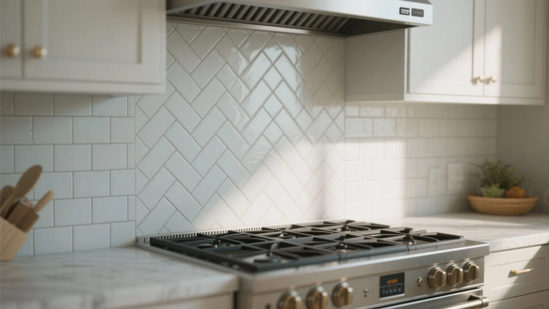 Bright kitchen with white herringbone tile backsplash marble countertop gas stove and light wood cabinets