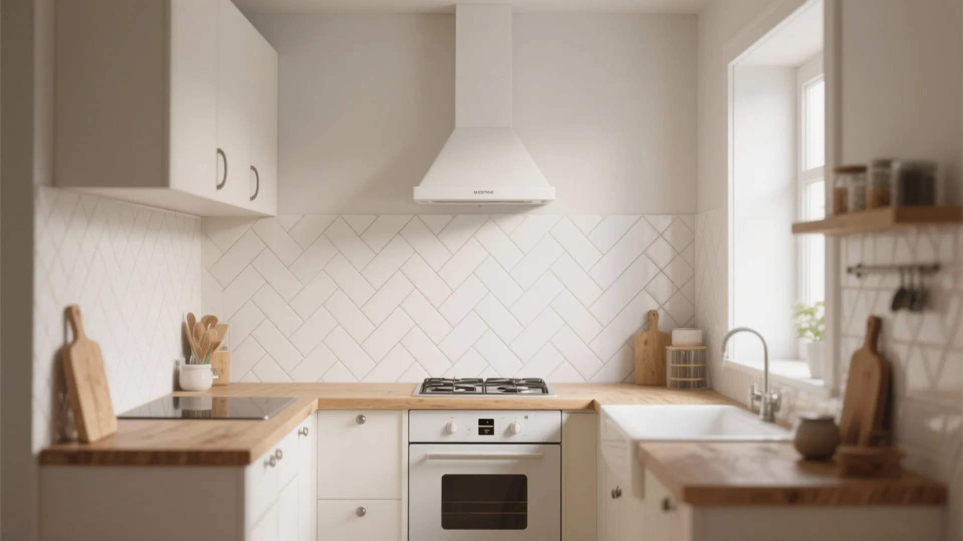 Bright kitchen with white wall tiles wooden countertop white cabinets and a classic gas stove