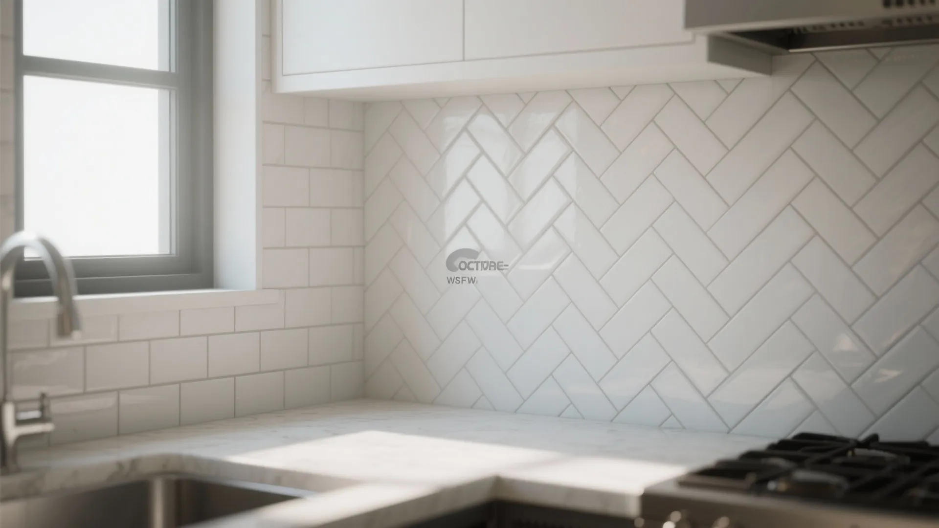 White herringbone tile backsplash in a minimalist kitchen