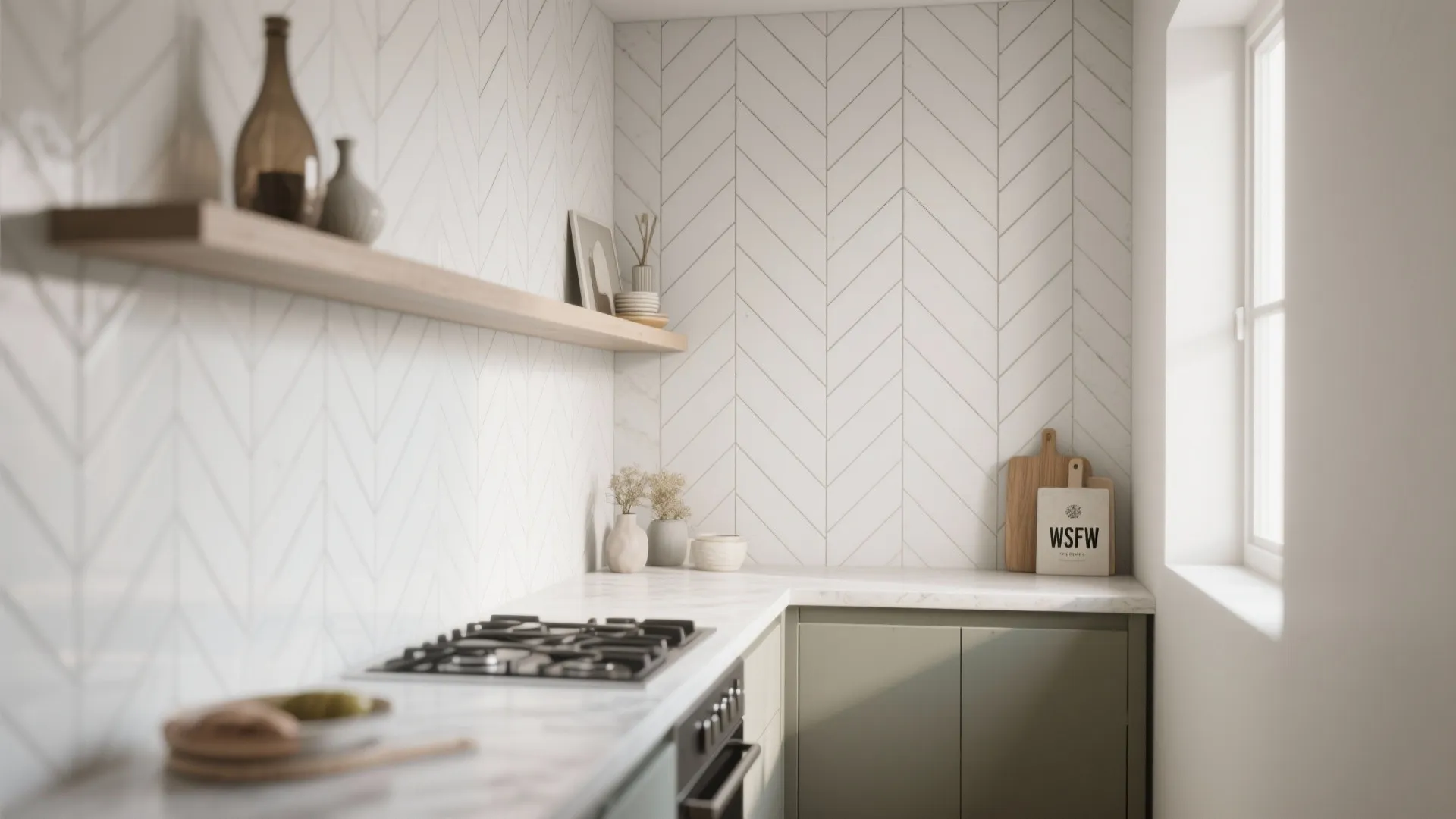 Kitchen interior design with white pattern wall tiles wooden shelf green cabinets and a large window
