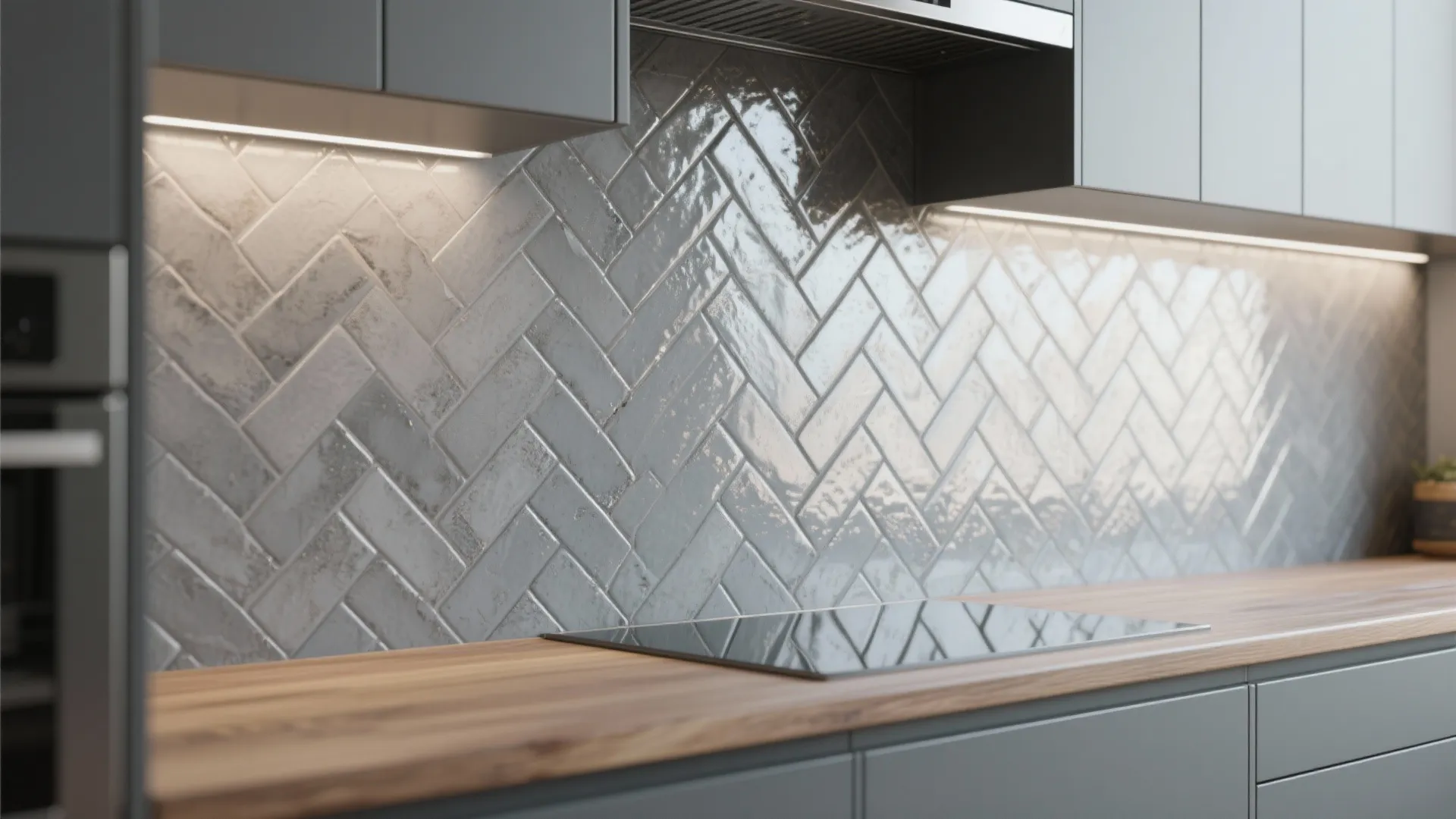 Modern kitchen with grey wall tiles in herringbone pattern wooden countertop and built-in cabinet lighting