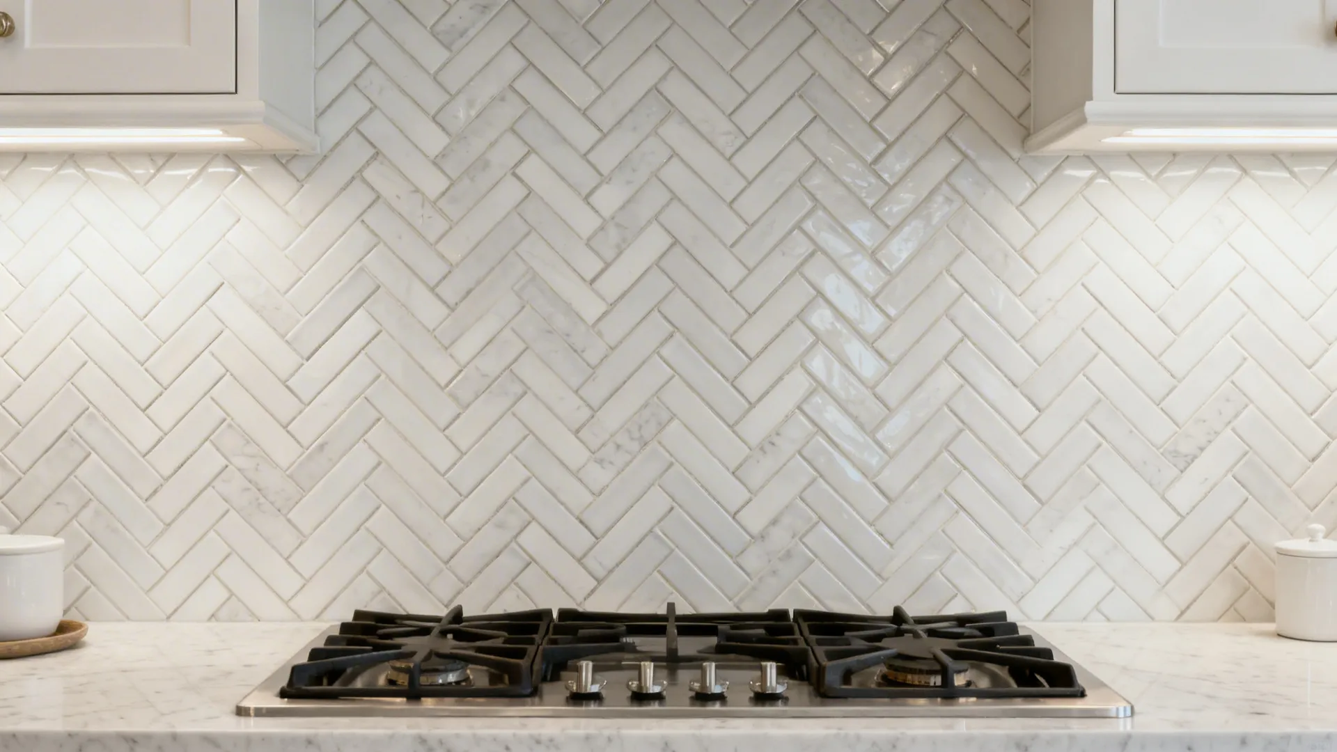 Neutral herringbone subway tile adds subtle movement and a high-end feel to a compact kitchen.