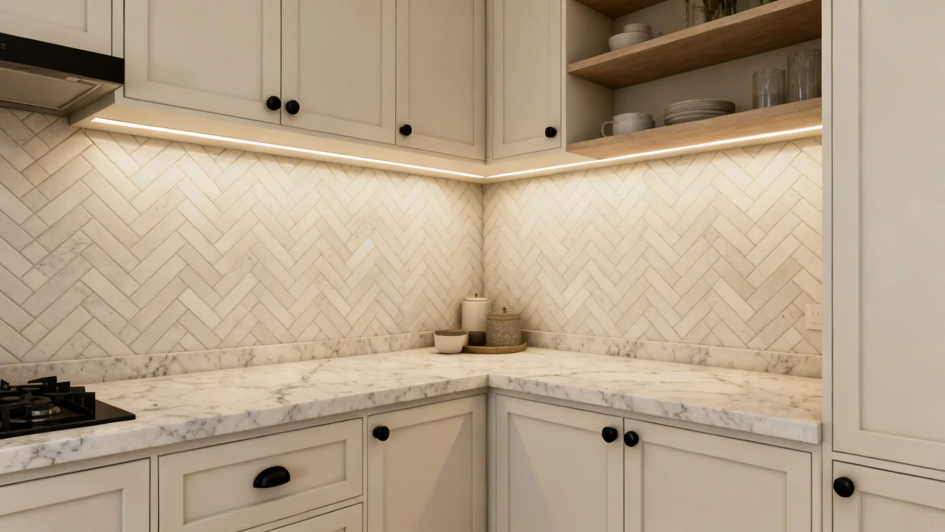 Small kitchen with off-white herringbone backsplash complementing a marble-look counter.