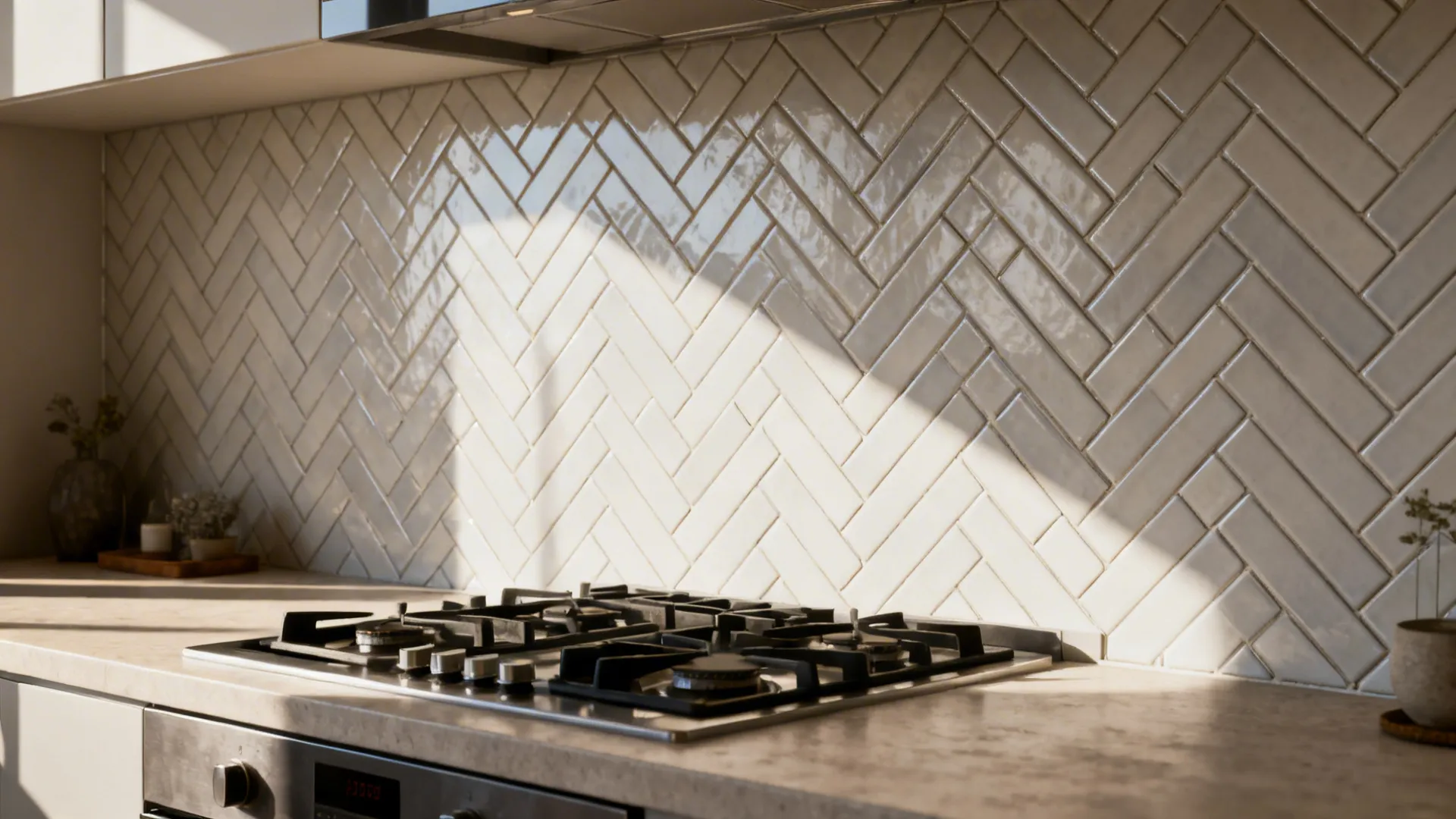 Kitchen backsplash laid in herringbone pattern creating visual movement behind the stove
