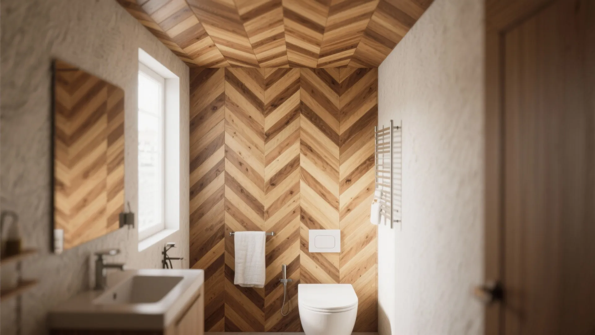 Bathroom featuring a wood herringbone pattern on the wall and ceiling with a white toilet