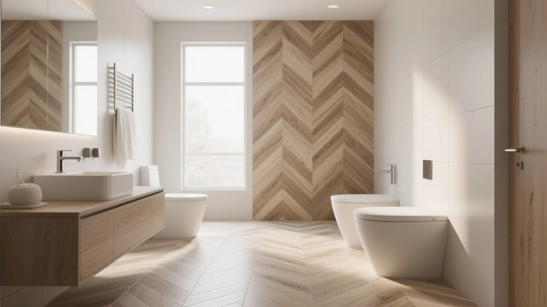 Bright bathroom featuring wood herringbone wall panel pattern matching floor white toilet and wood vanity cabinet