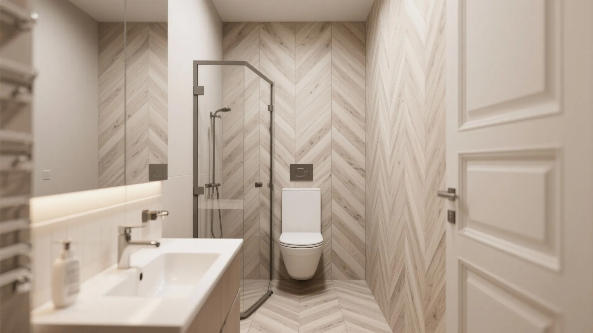 Small modern bathroom with herringbone wood tile wall floor glass shower white sink and mirror