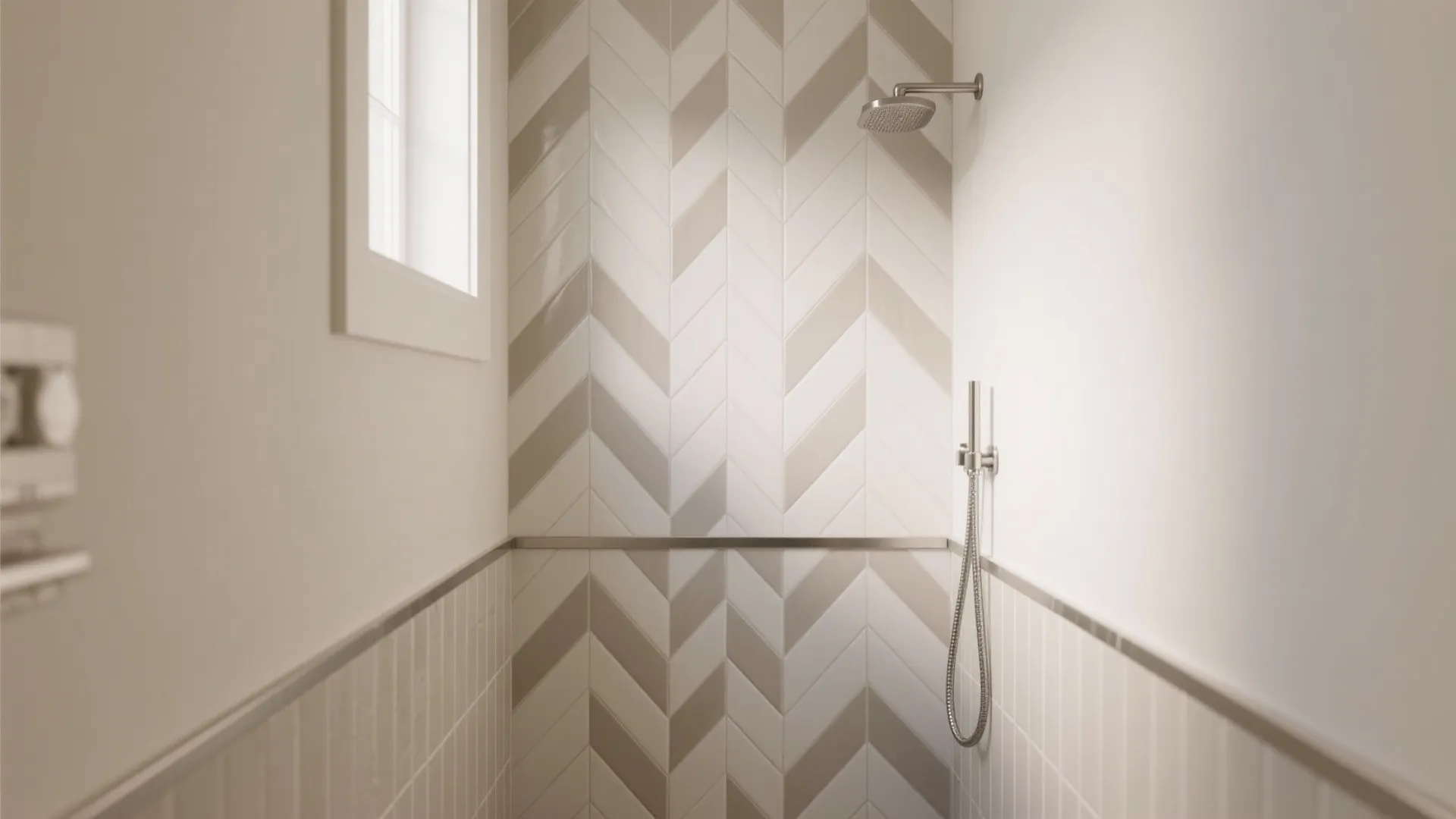 Modern bathroom shower area with cream and brown zig zag wall tiles and silver shower head