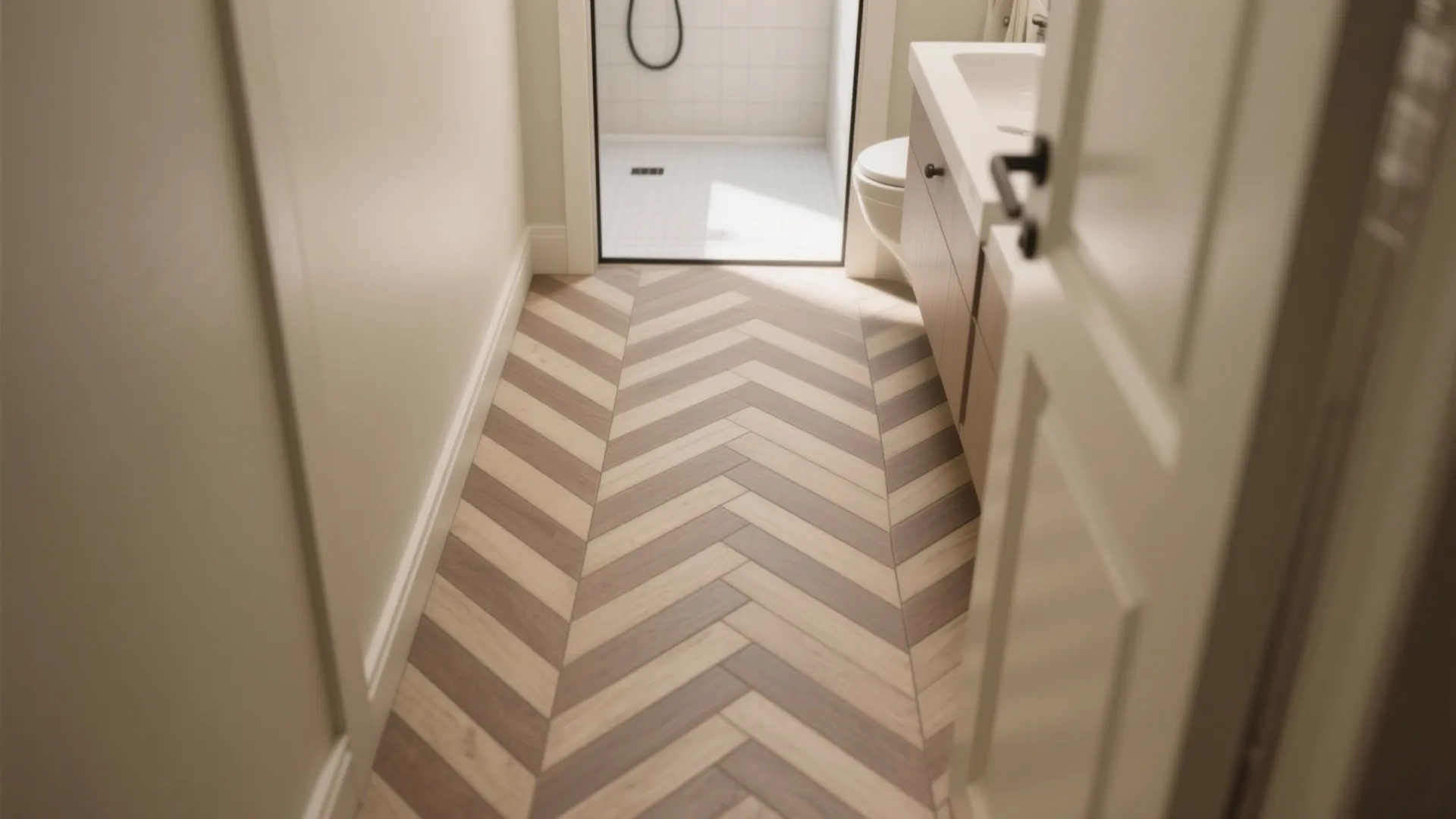 Herringbone or Chevron Layouts to Elongate a Narrow Bath
