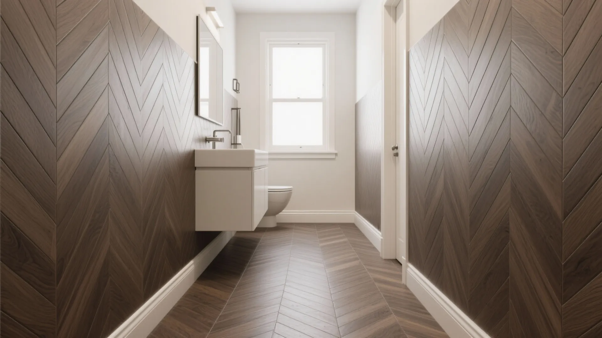 Narrow bathroom with smoked oak wood-look porcelain in a herringbone pattern.