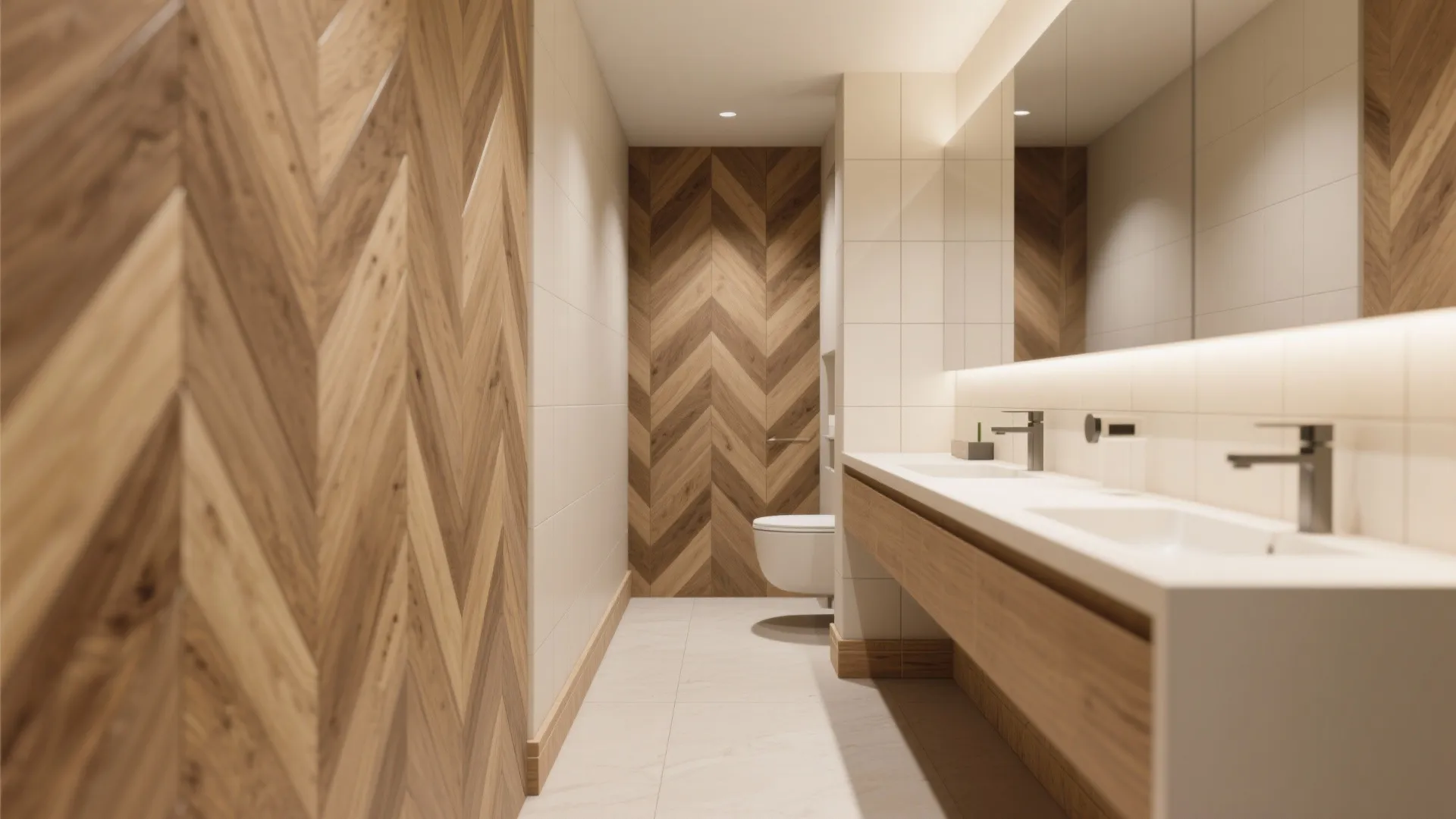 Modern bathroom featuring wood wall panels, a long vanity, double sinks, and a white toilet