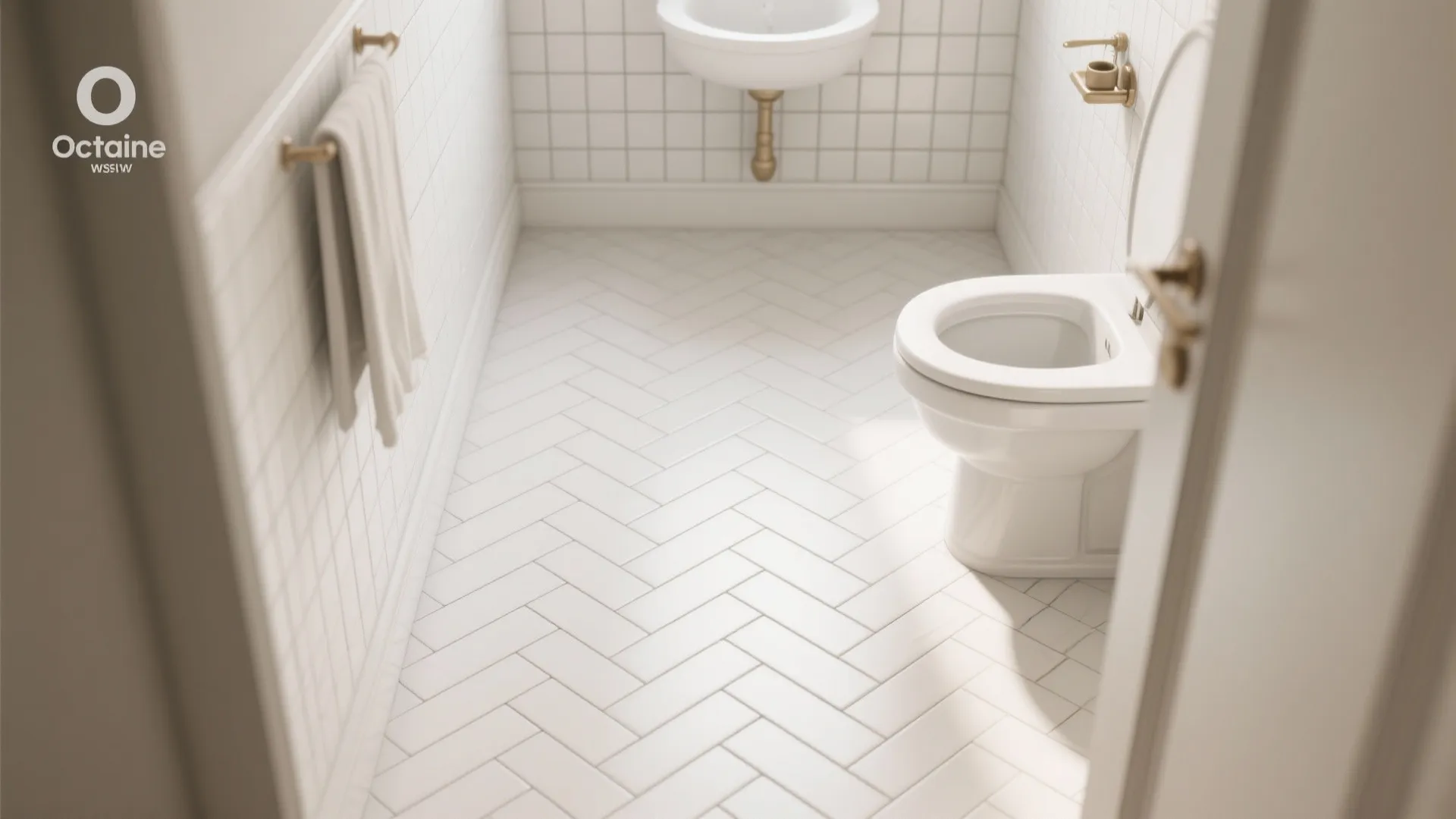 White bathroom design featuring herringbone floor tiles with white toilet and small wall mounted sink