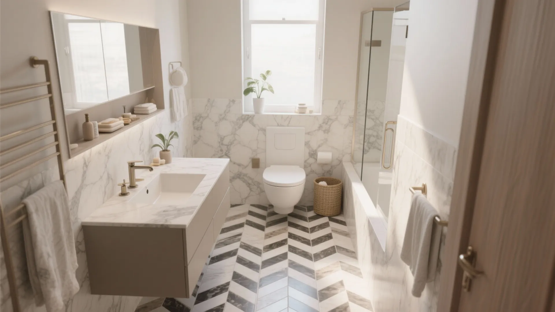 Modern bathroom with marble walls and zigzag floor pattern featuring a toilet sink and bathtub