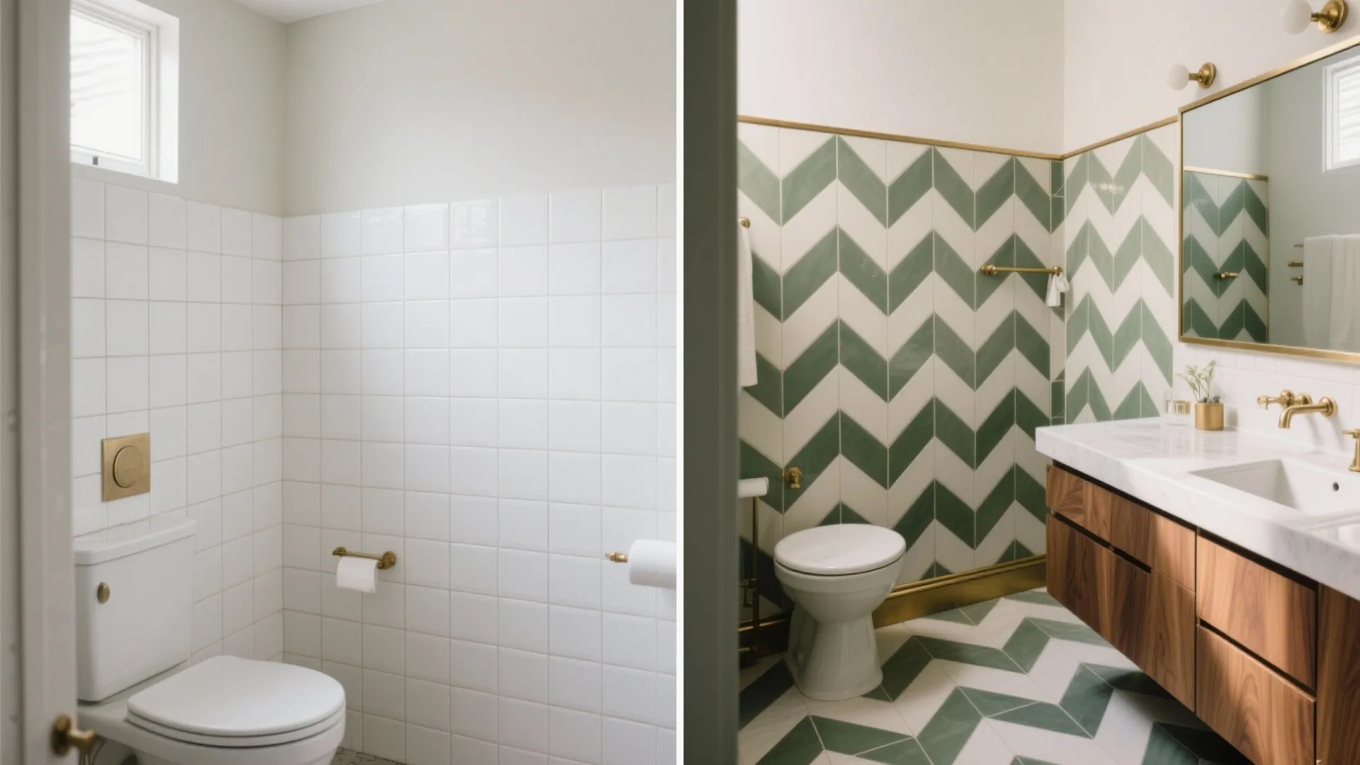 Before and after comparison of a plain white bathroom versus a green zigzag tile renovation