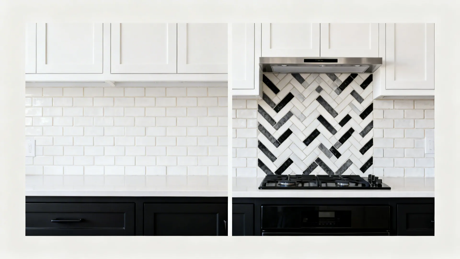 Before–after backsplash showing plain stacked subway versus herringbone feature with dark grout.