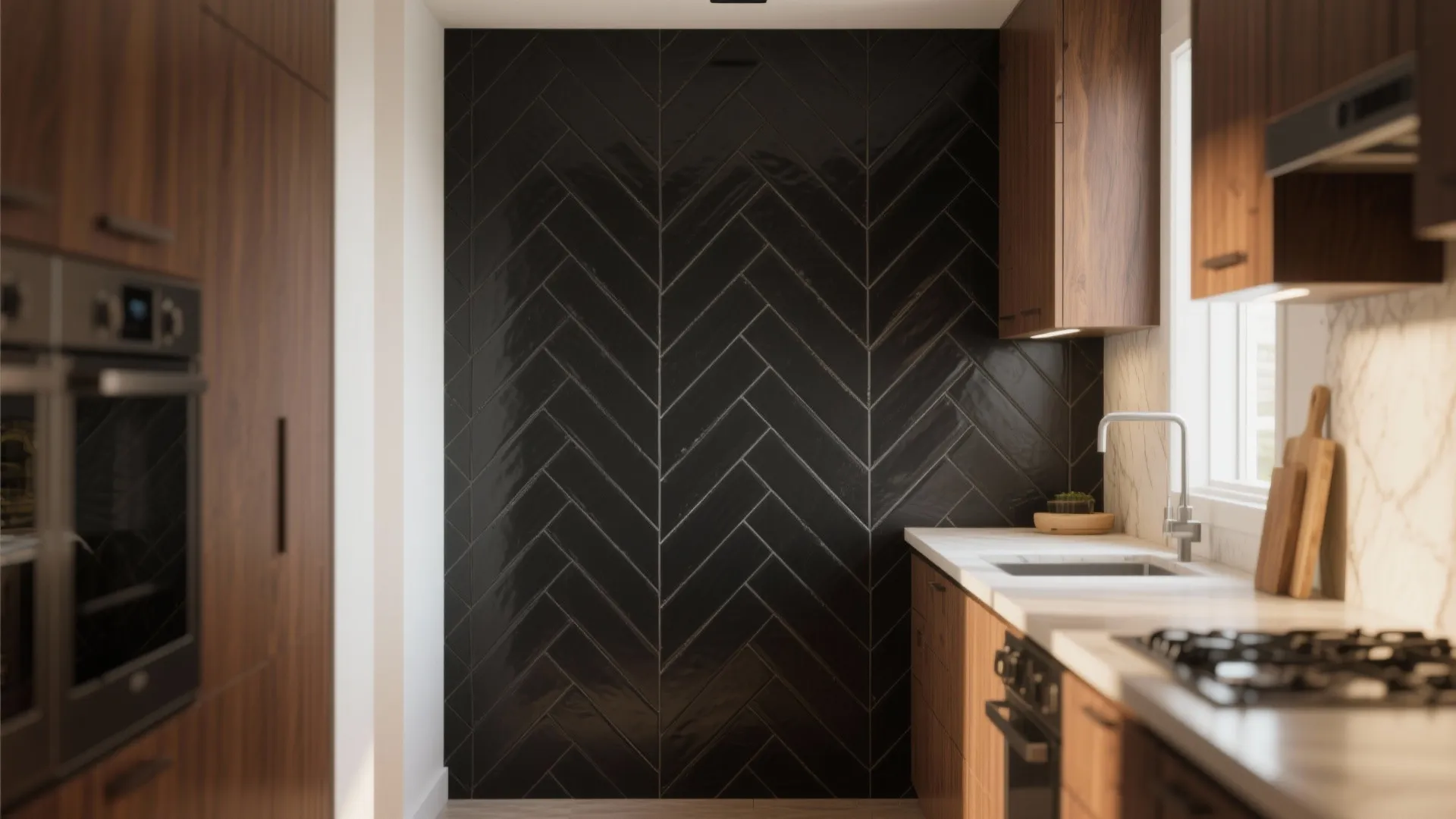 Modern kitchen featuring dark wood cabinets white countertop and a large black tiled wall pattern design