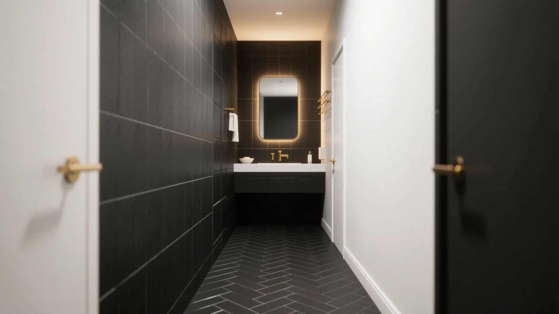 2. Herringbone black tiles on the floor