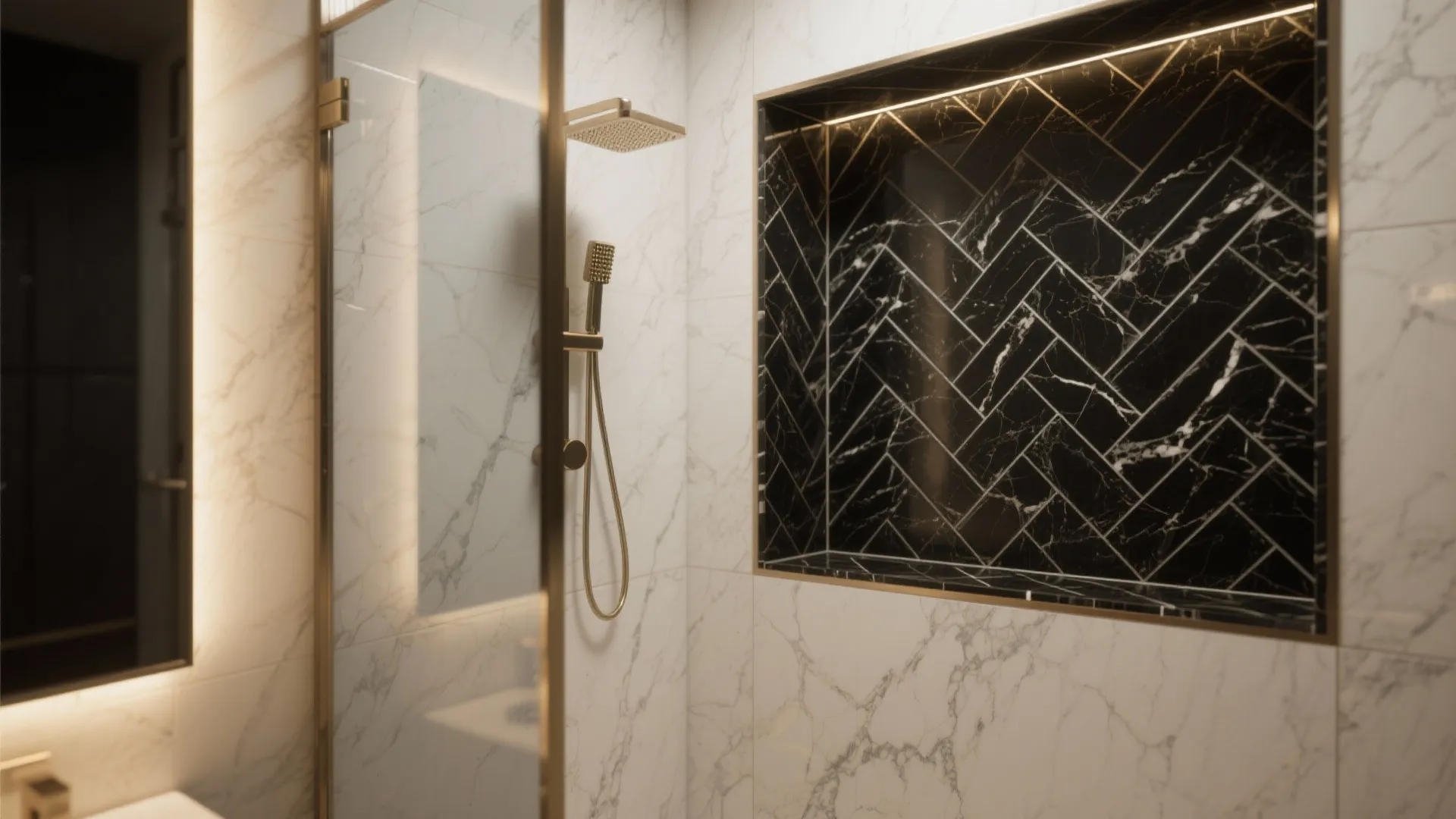 Modern bathroom shower featuring white marble walls gold shower head and black herringbone tile shelf