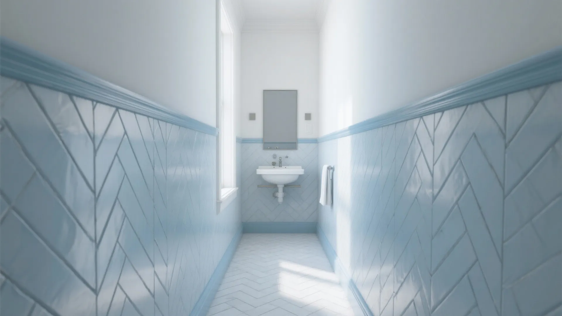 White Herringbone Walls with Blue Grout