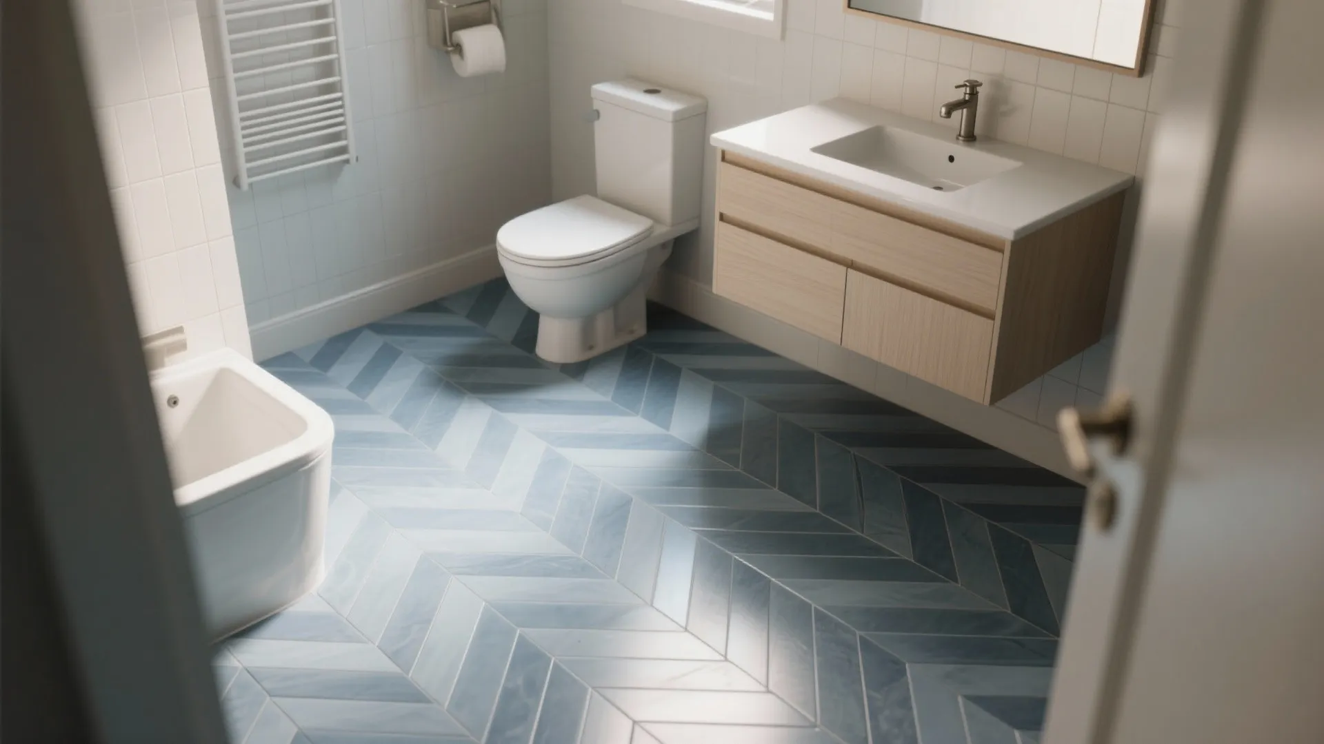 Modern bathroom featuring blue grey pattern floor tiles, white toilet, light wood cabinet, and bathtub