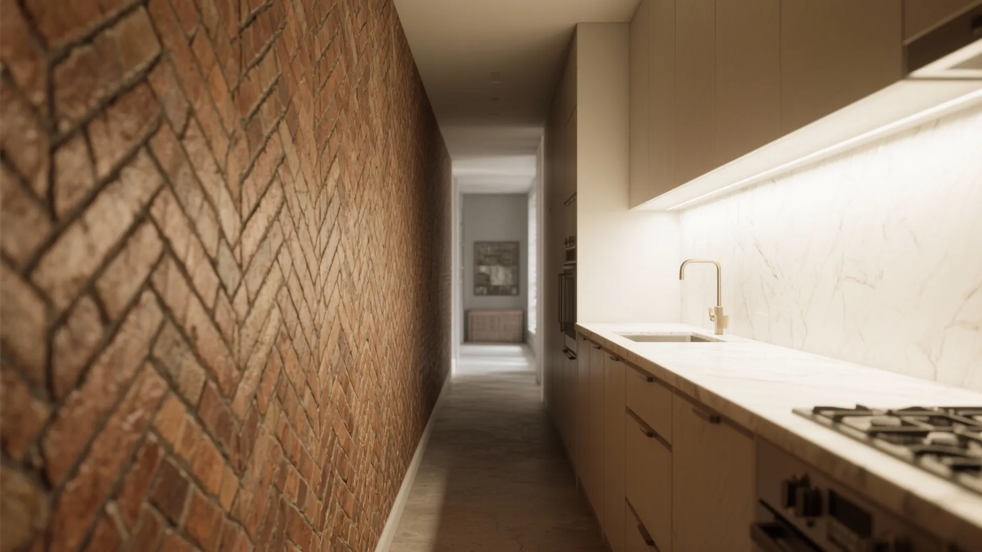 Narrow kitchen hallway featuring a decorative brick wall, marble countertop, sink, and white storage cabinets