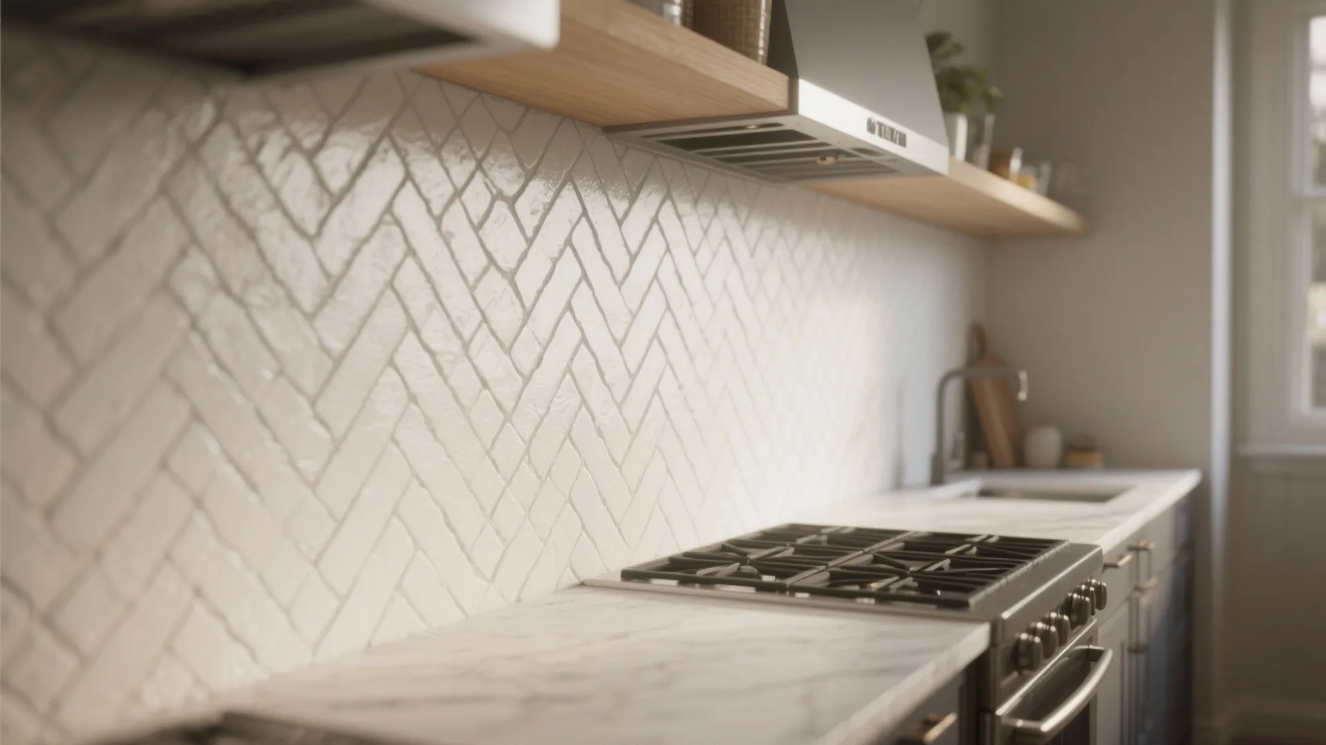 White kitchen wall with herringbone pattern brick tiles and a modern stove and marble counter
