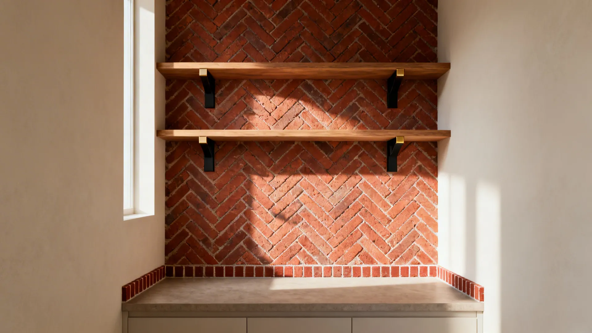 Herringbone red brick accent wall behind open shelves with warm daylight highlighting texture.