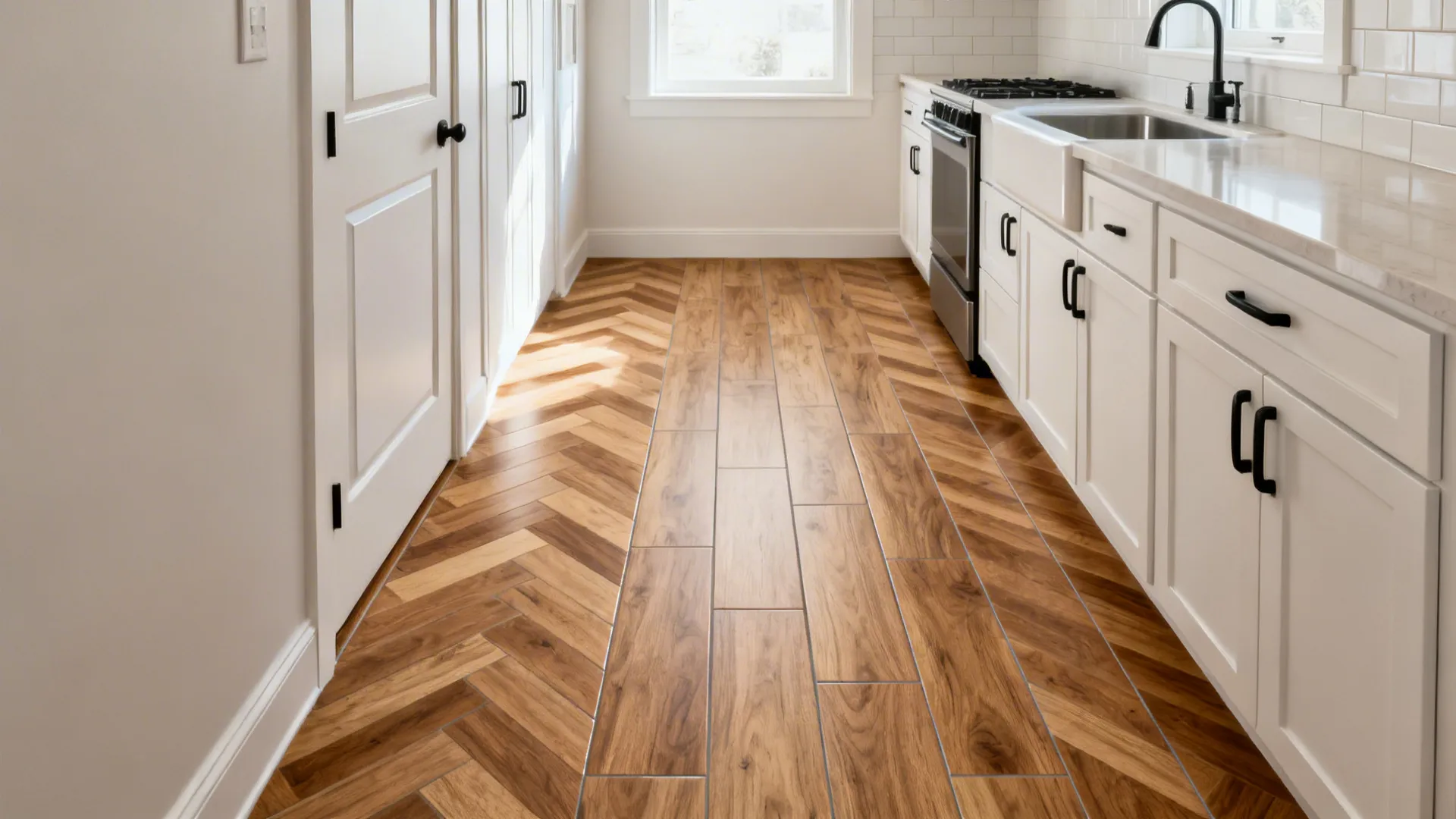 Herringbone ceramic wood-look planks draw the eye through a compact kitchen.