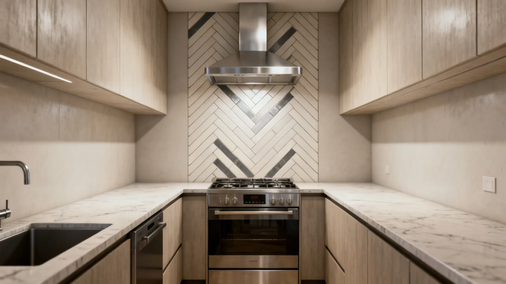 Slim ceramic planks in a herringbone backsplash centered on the range in a narrow kitchen.