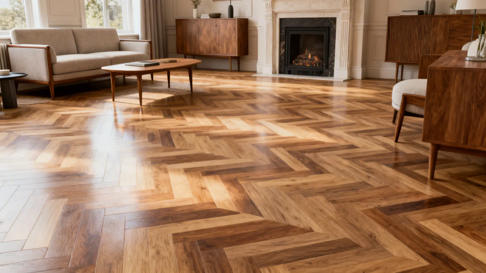 Elegant living room with mixed-tone herringbone oak flooring and minimalist furnishings.
