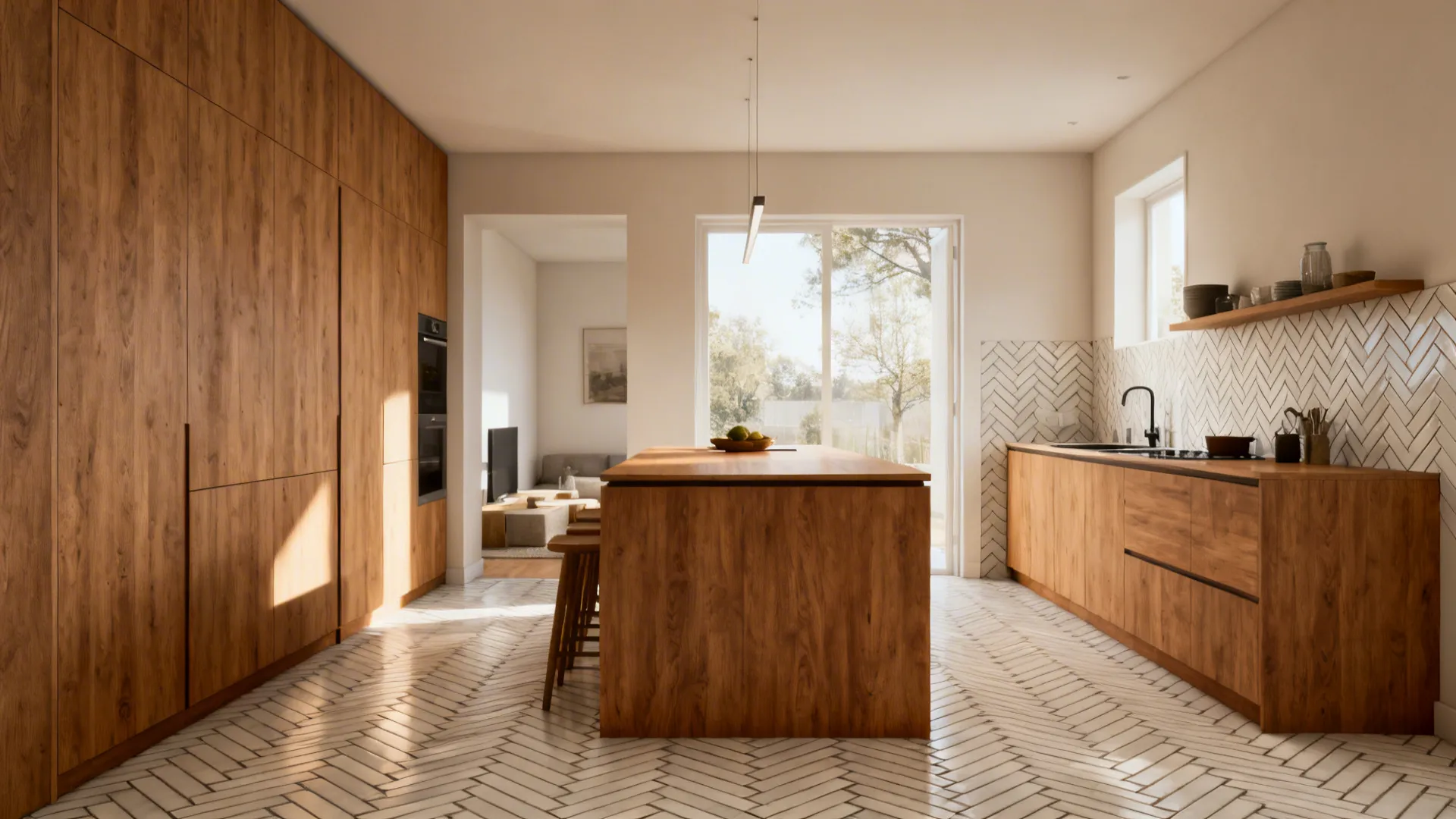 Open-plan small kitchen with herringbone porcelain continued from floor to partial splashback for continuity.