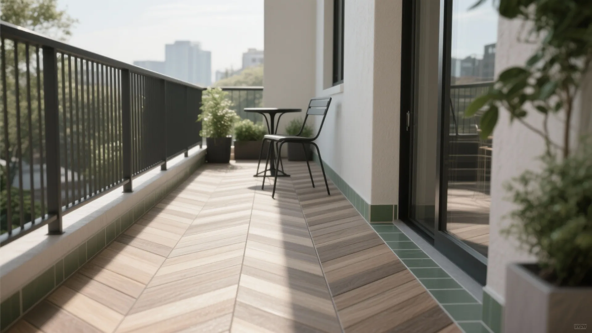 Balcony with herringbone floor tiles green wall tiles and black railing with a city view today