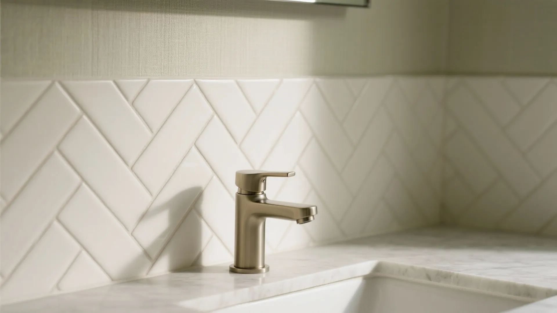 Macro of herringbone tile apex aligned with the faucet and linen-look wallpaper nearby.