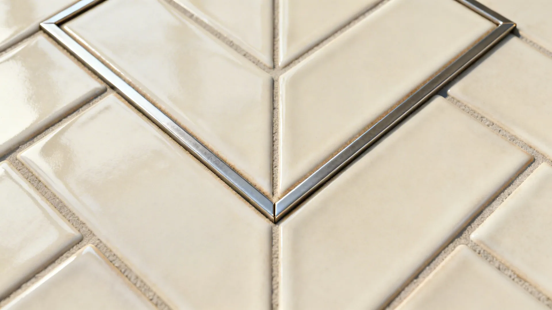 Macro of herringbone inset framed with metal trim showing precise grout and mitered corners.
