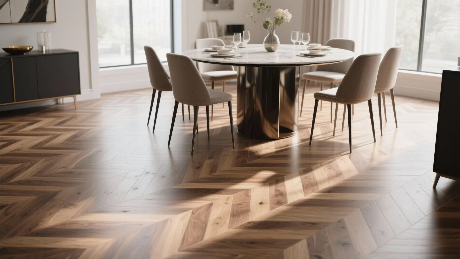 Modern dining room featuring round marble table beige chairs and herringbone pattern natural wood floor design