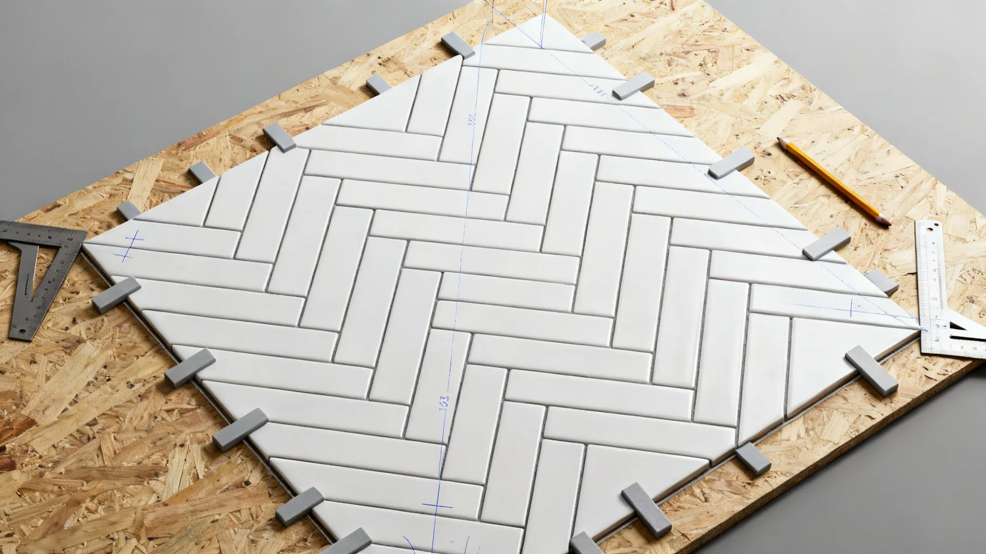 Top-down mockup showing a vertical herringbone tile dry-lay with spacers and angle guides.
