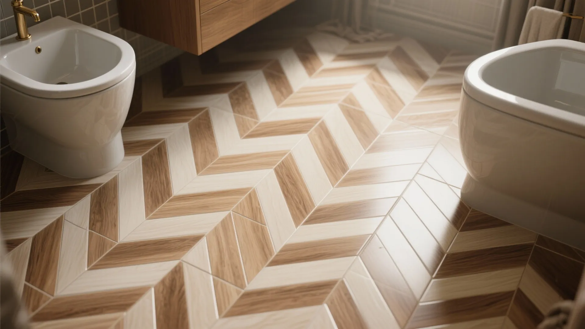 Modern bathroom floor with wooden herringbone pattern tiles next to white toilet and wooden cabinet