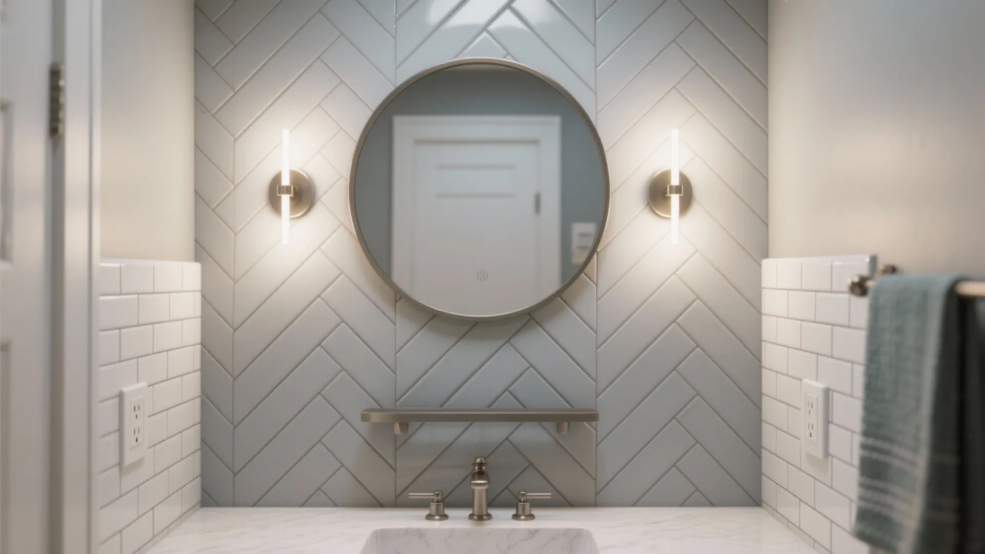 Modern bathroom vanity with grey tiled wall round mirror two wall lights and a white sink