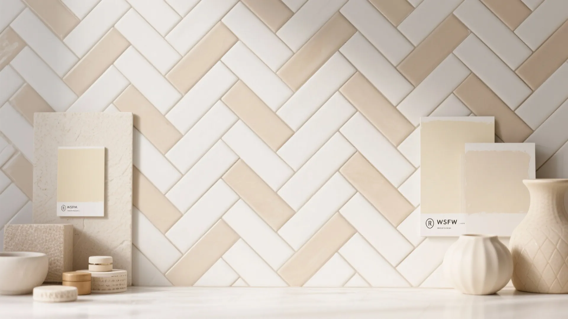 Flatlay of herringbone backsplash tiles with cream palette samples