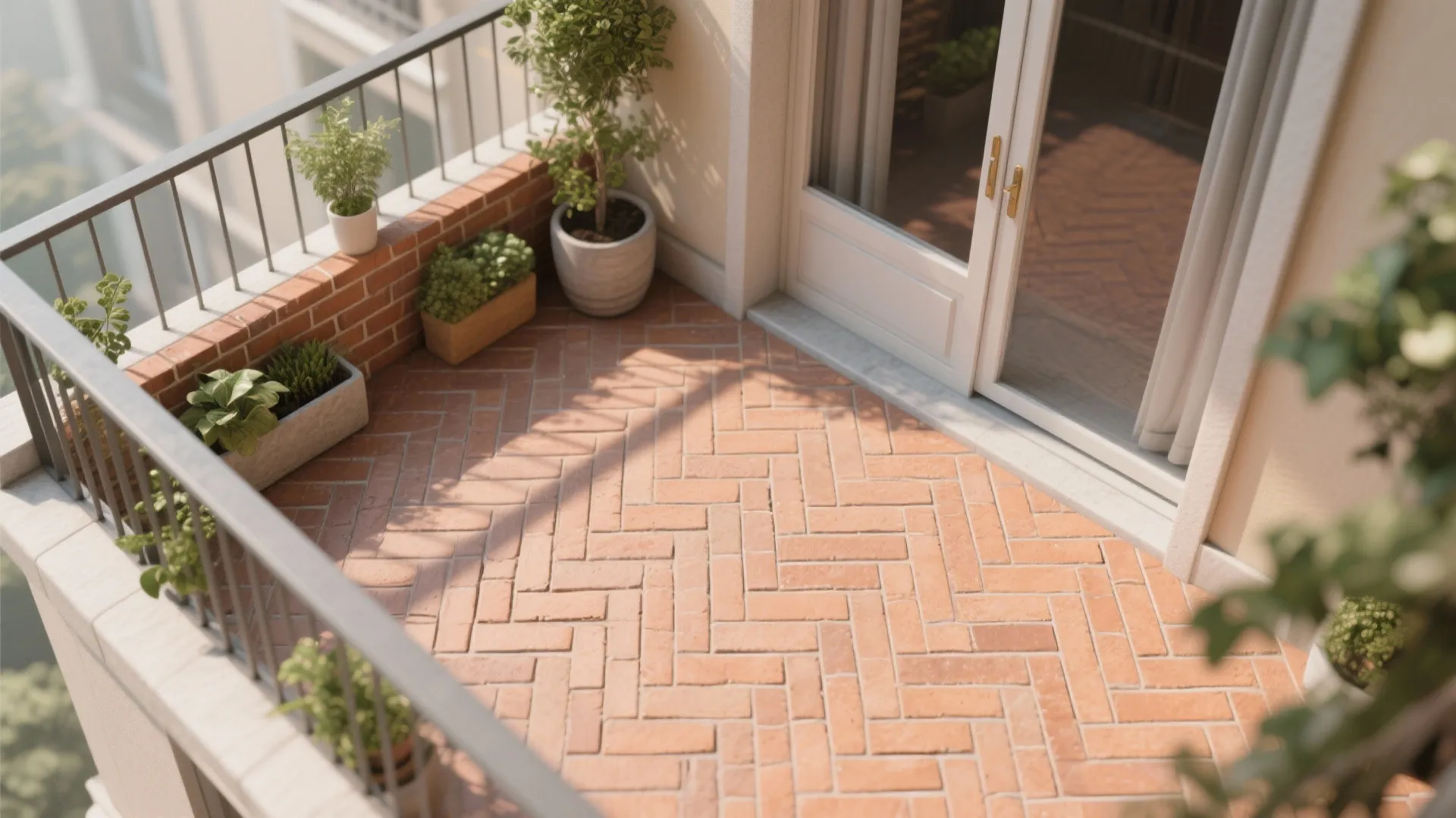 High angle view of a balcony with red brick floor pattern white doors and potted plants
