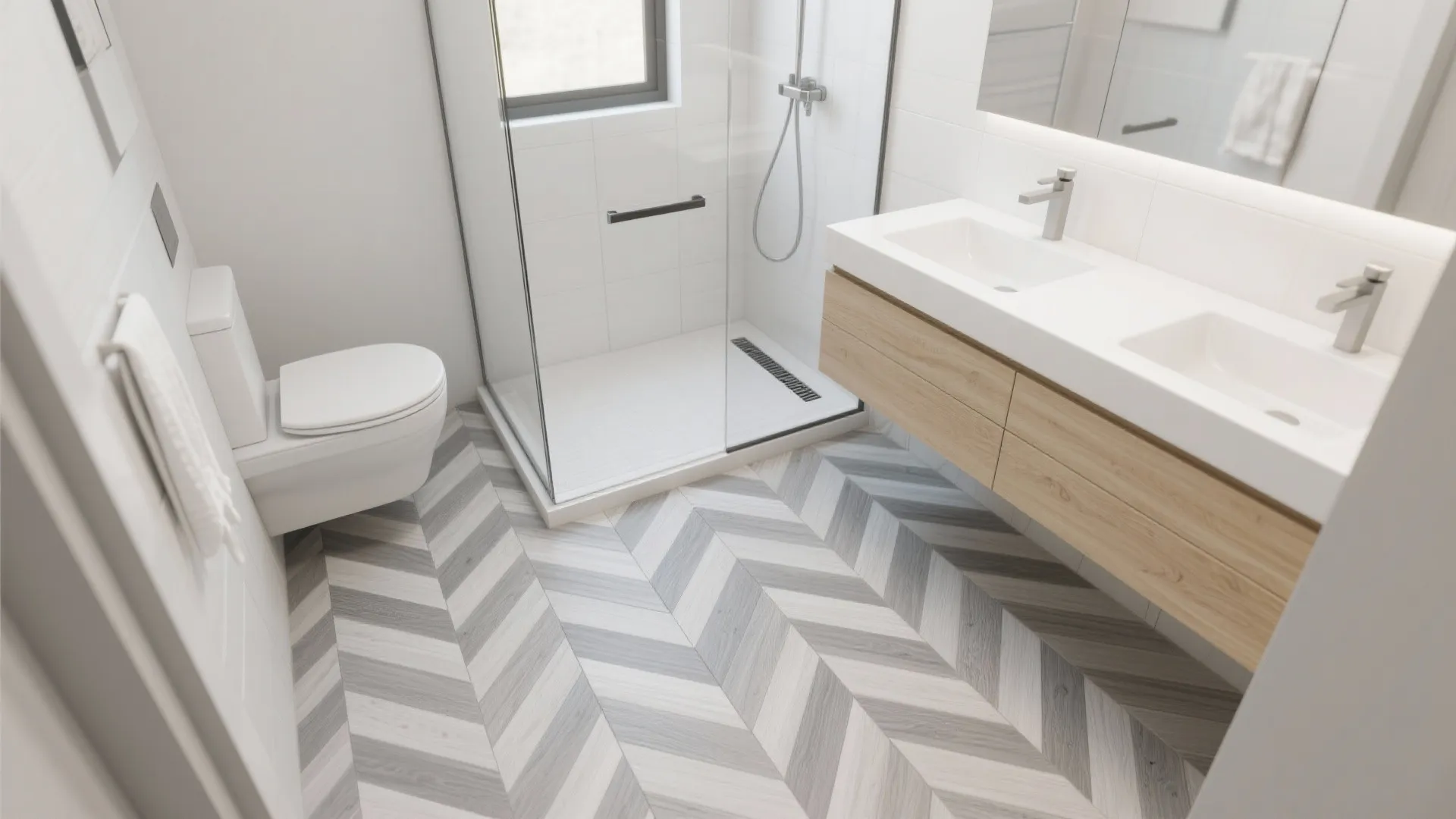 Compact bathroom with a 45-degree porcelain herringbone floor and tone-on-tone grout.