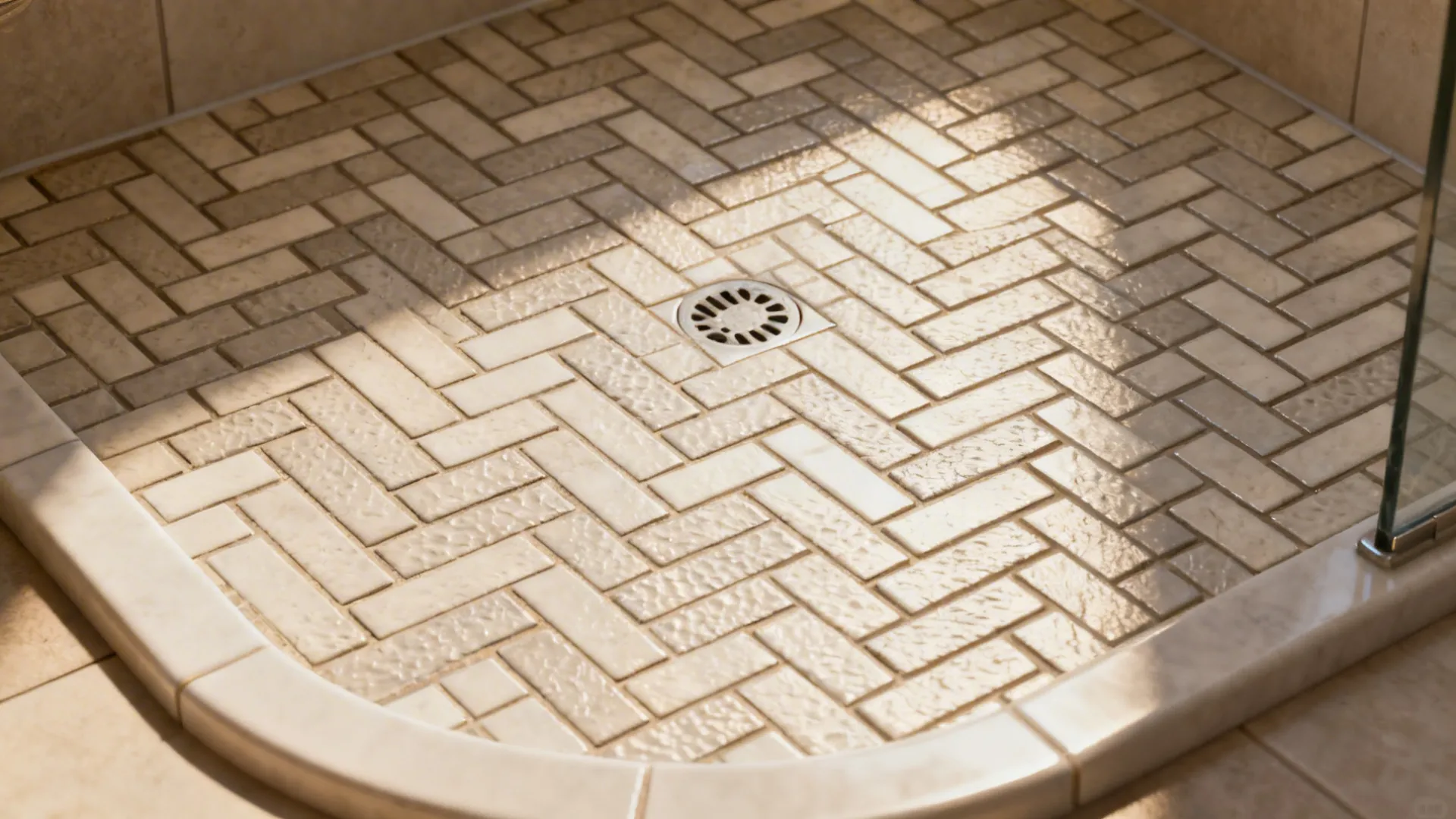 Herringbone-pattern shower floor with small-format non-slip tiles and subtle grout