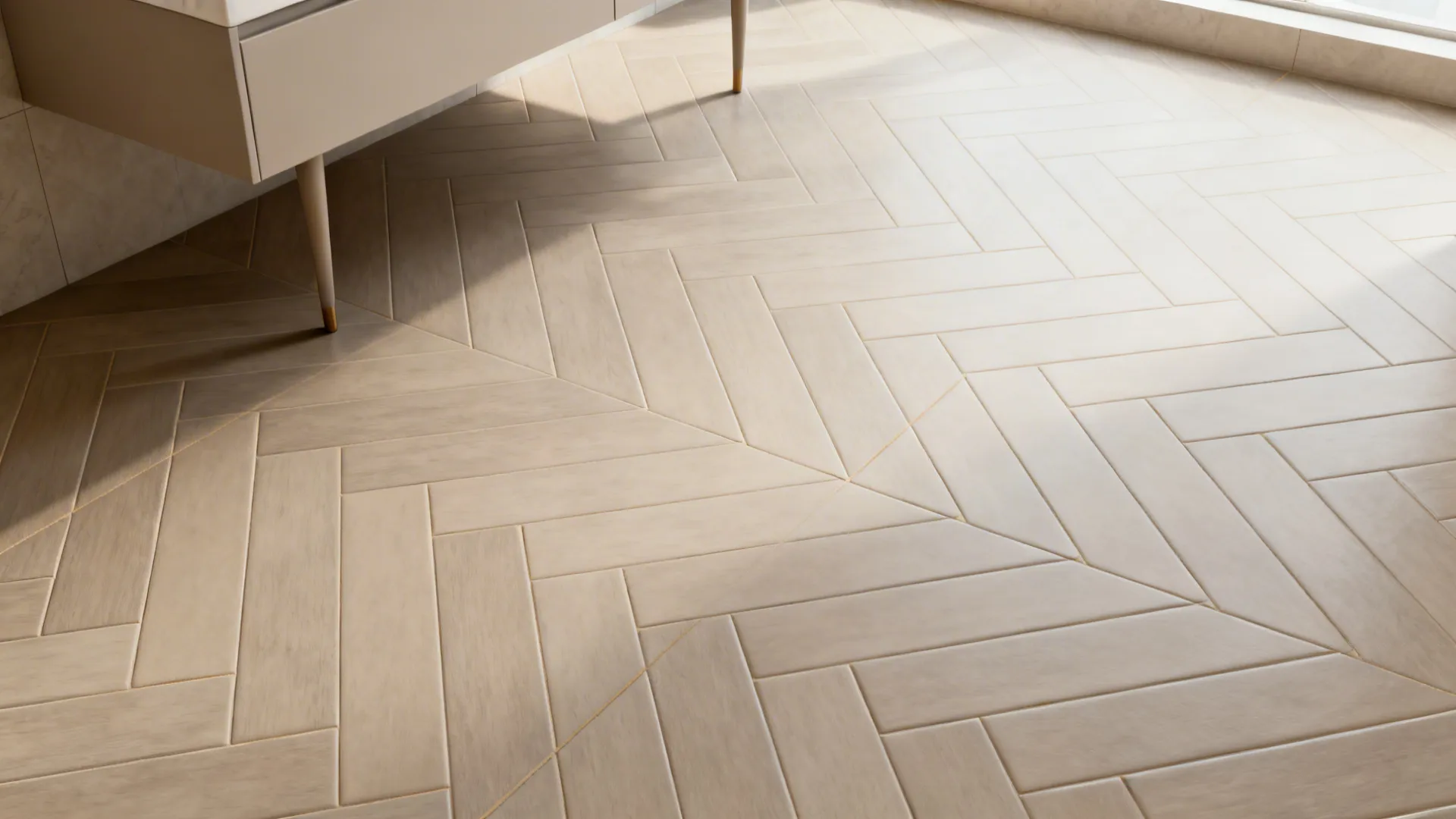 Herringbone tile floor in a small bathroom creating depth and motion.