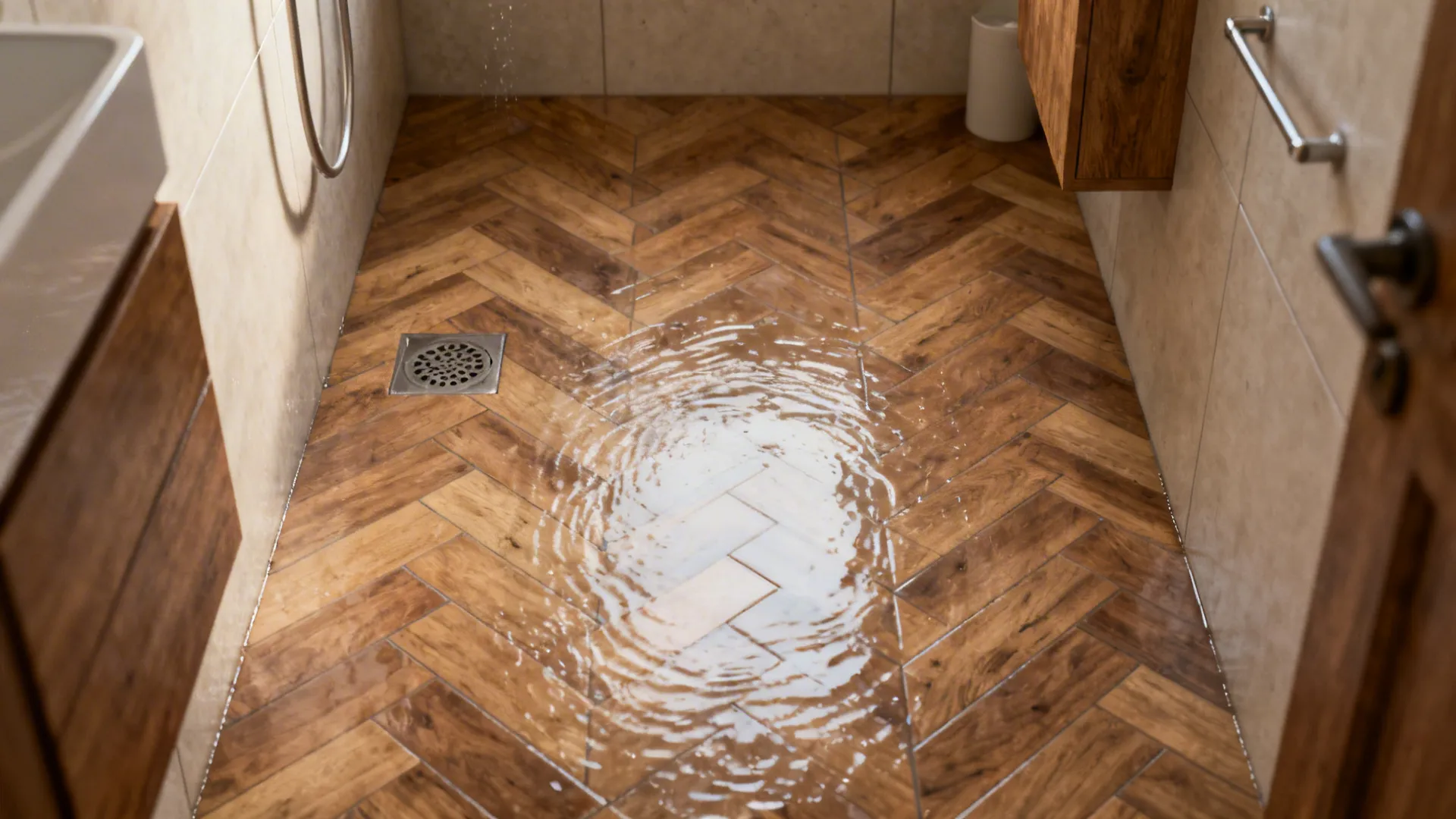 Wet-room with oak-look porcelain tiles installed in a herringbone pattern adding movement.