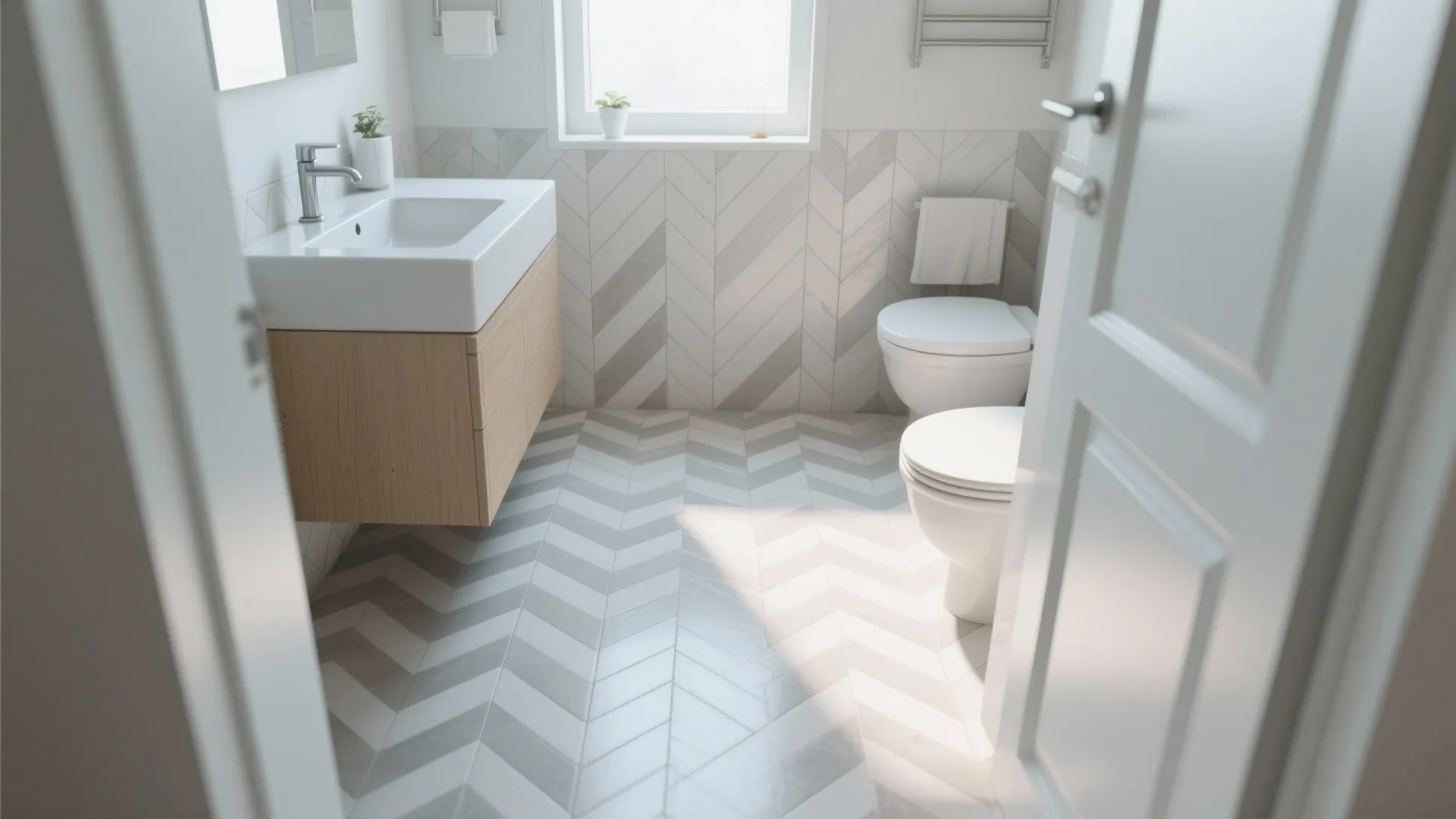 2. Diagonal or herringbone on the floor to expand depth