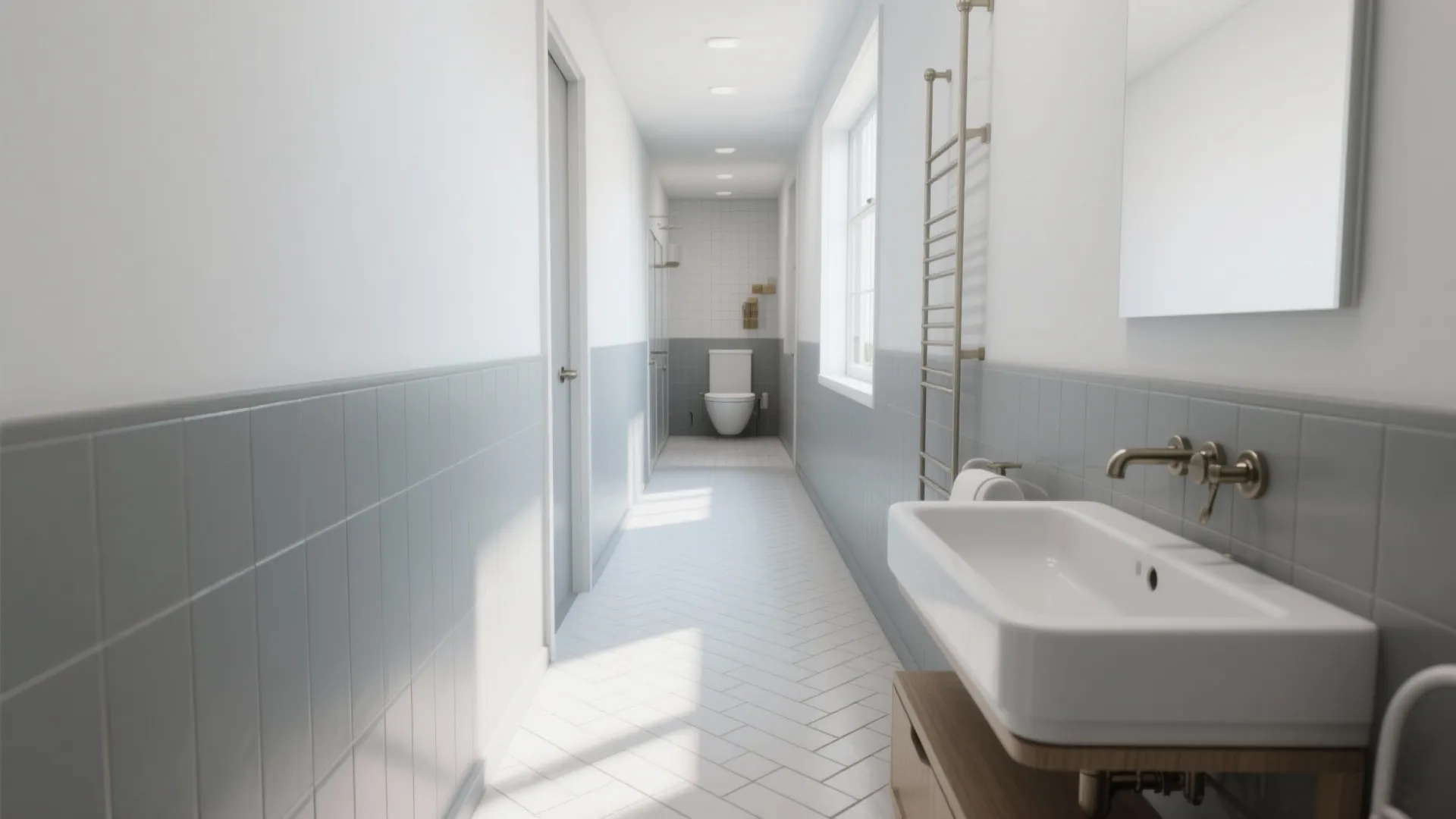 2. Herringbone white floor with grey walls