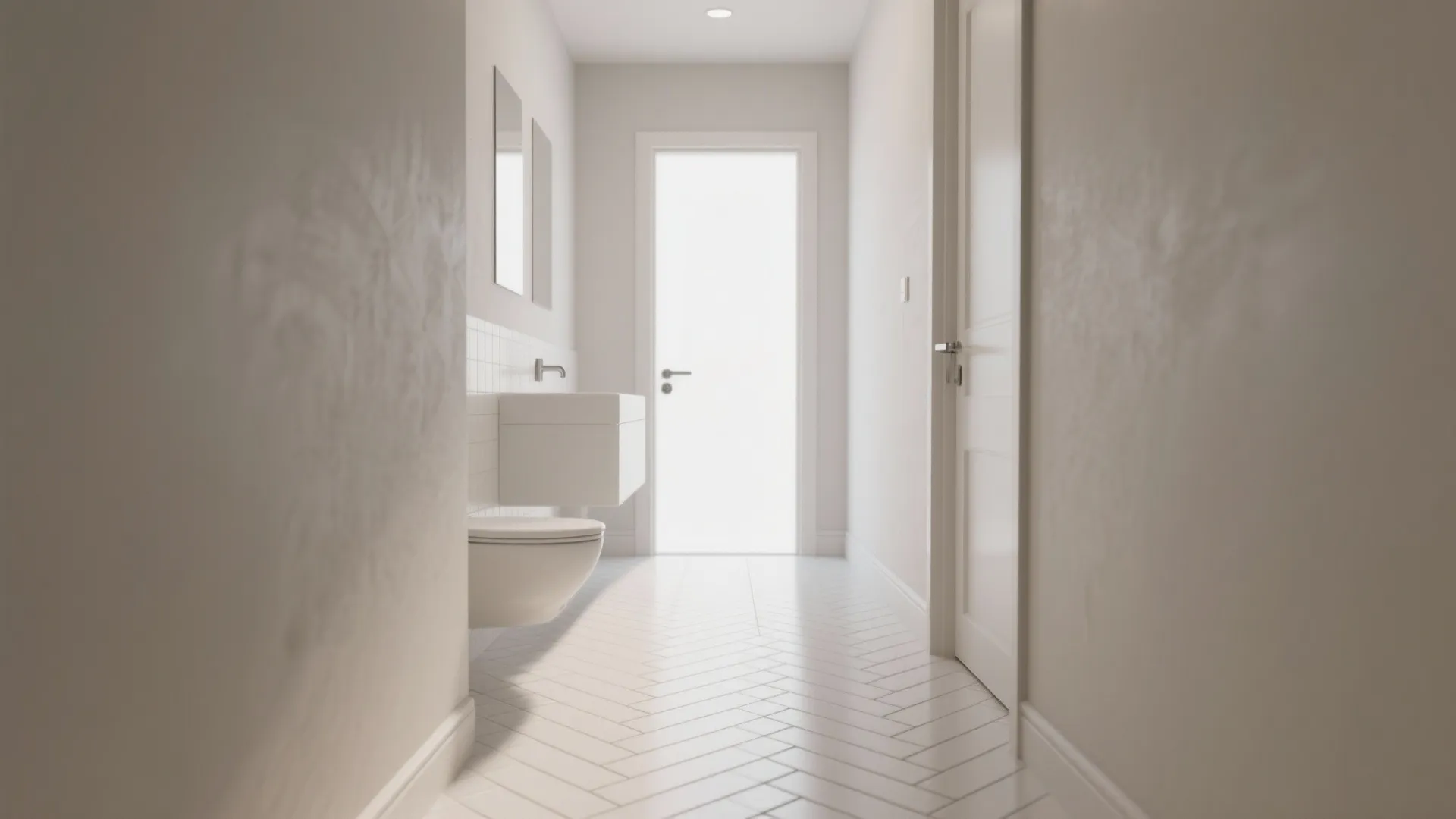 Modern white bathroom hallway with white herringbone tile flooring, white sink, toilet, and bright door