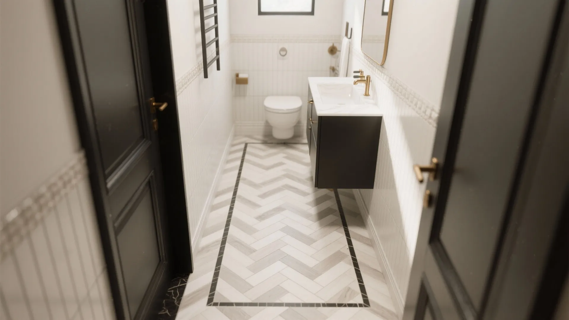 Modern small bathroom featuring herringbone floor tiles black cabinet gold faucet and a white toilet